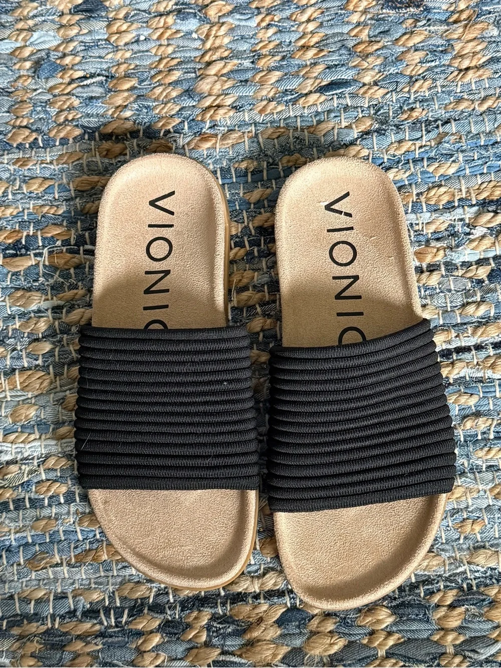 Vionic Black Ribbed Slide Sandals - Picture 1 of 3